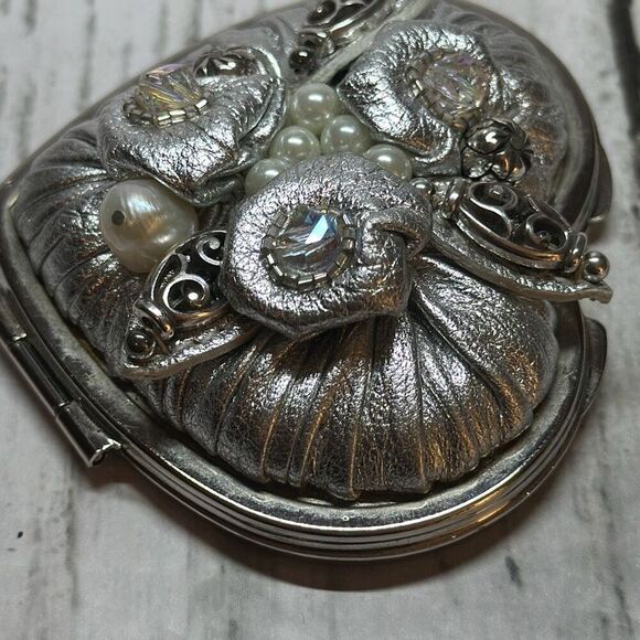 Brighton Compact Mirror Silver Heart with Flowers Beaded Faux Pearls - Picture 3 of 5